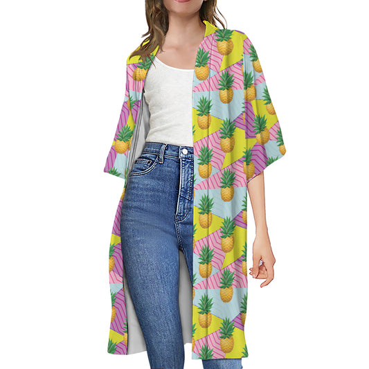 Zigzag Pineapple Pattern Print Open Front Beach Cover Up