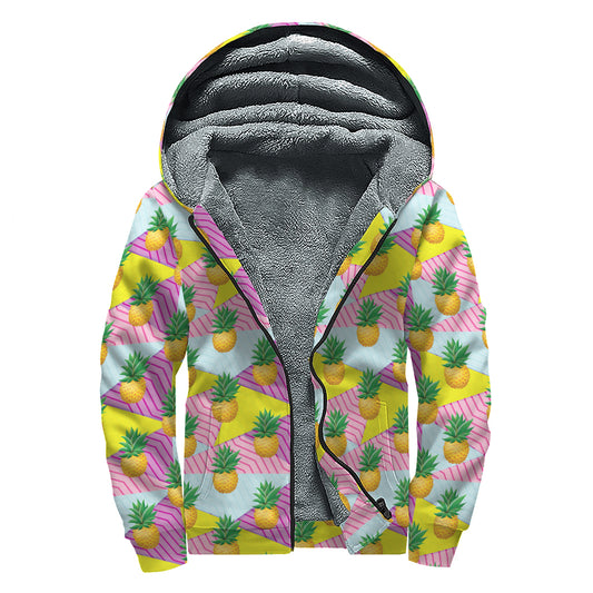 Zigzag Pineapple Pattern Print Sherpa Lined Zip Up Hoodie