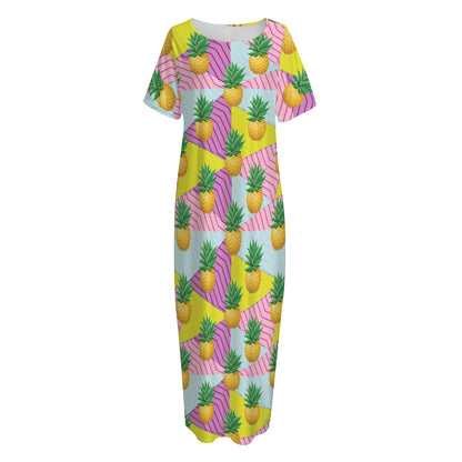 Zigzag Pineapple Pattern Print Short Sleeve Long Nightdress