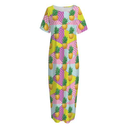 Zigzag Pineapple Pattern Print Short Sleeve Long Nightdress