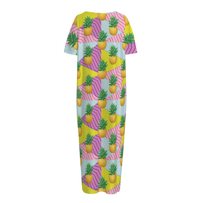 Zigzag Pineapple Pattern Print Short Sleeve Long Nightdress