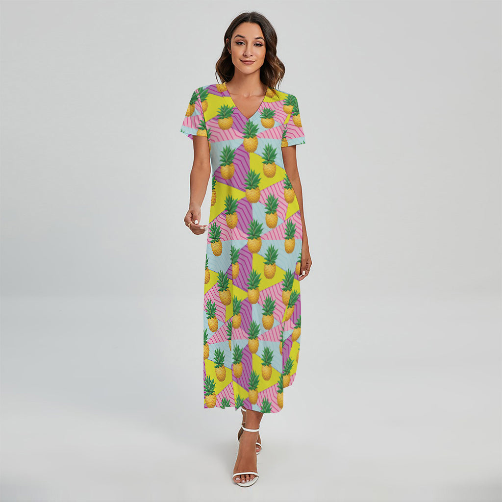 Zigzag Pineapple Pattern Print Short Sleeve Maxi Dress