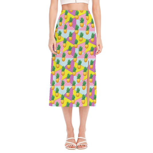 Zigzag Pineapple Pattern Print Side Slit Midi Skirt