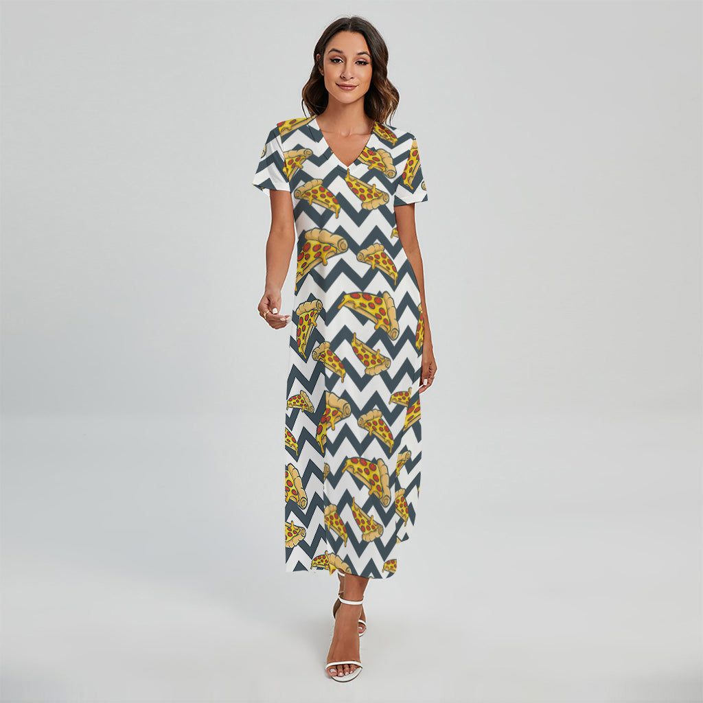 Zigzag Pizza Pattern Print Short Sleeve Maxi Dress