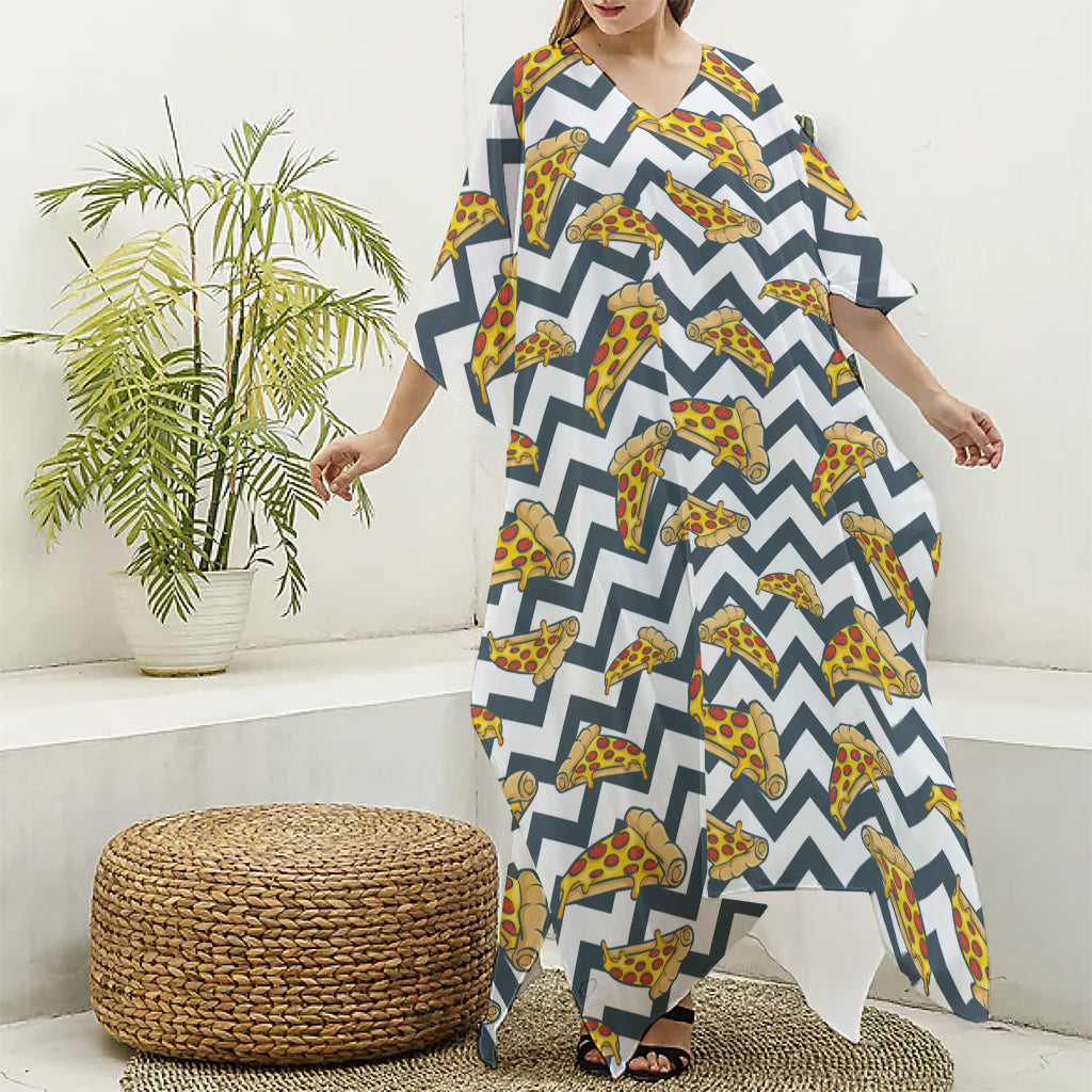 Zigzag Pizza Pattern Print Silk V-Neck Kaftan Dress