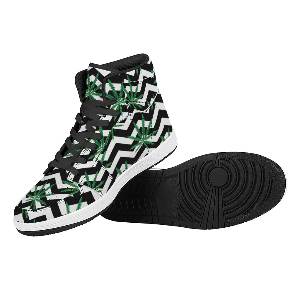 Zigzag Weed Pattern Print High Top Leather Sneakers