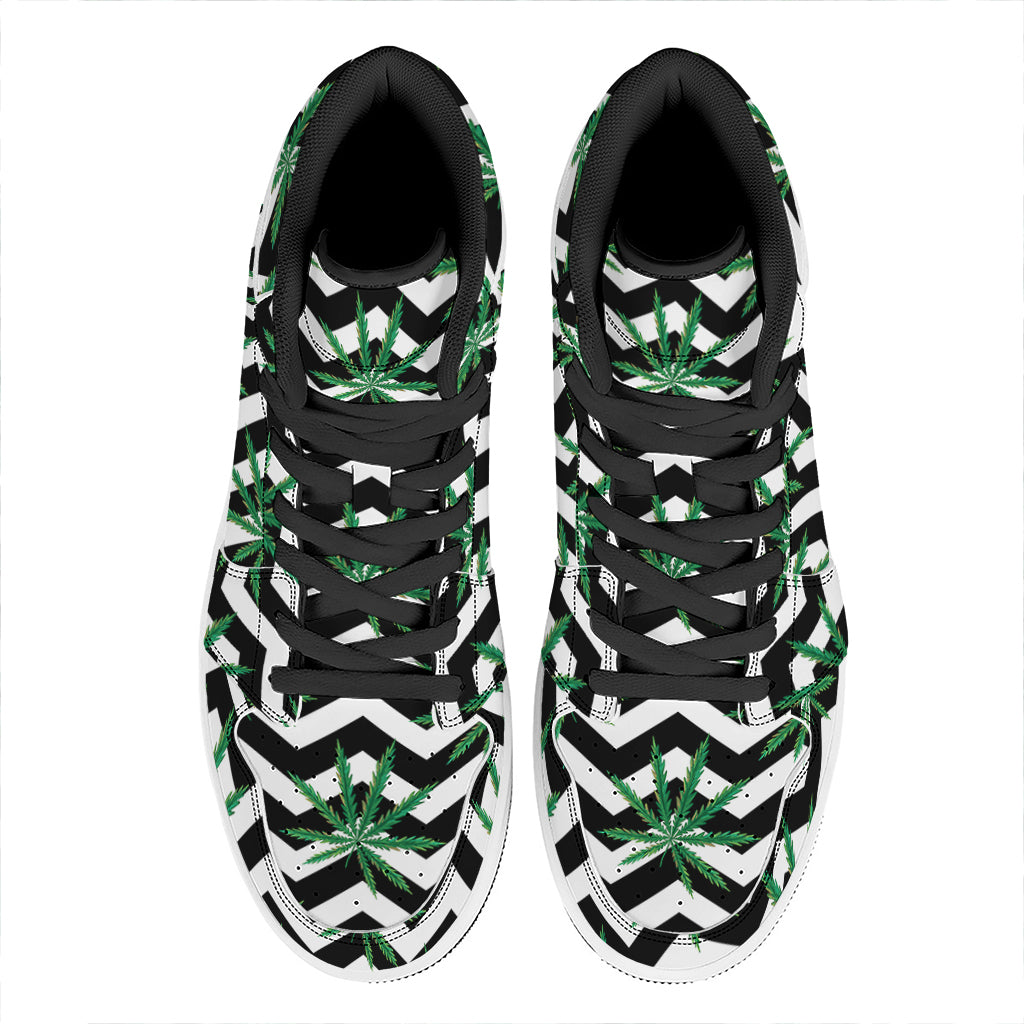 Zigzag Weed Pattern Print High Top Leather Sneakers