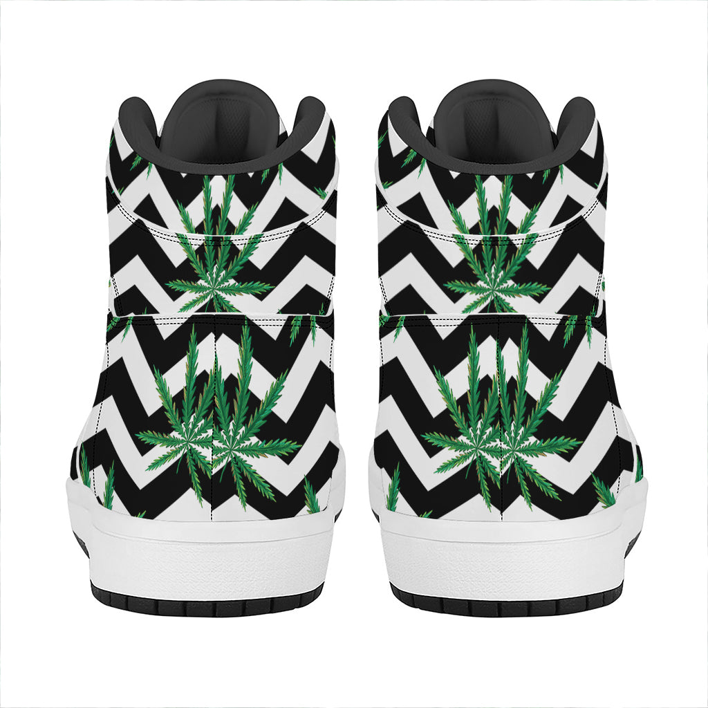 Zigzag Weed Pattern Print High Top Leather Sneakers