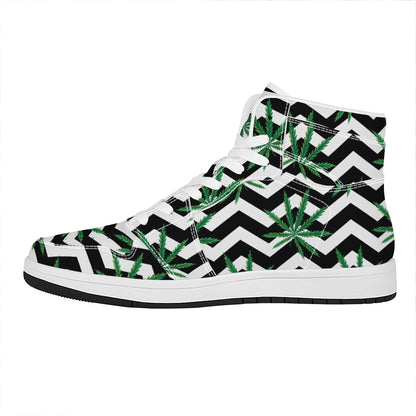 Zigzag Weed Pattern Print High Top Leather Sneakers