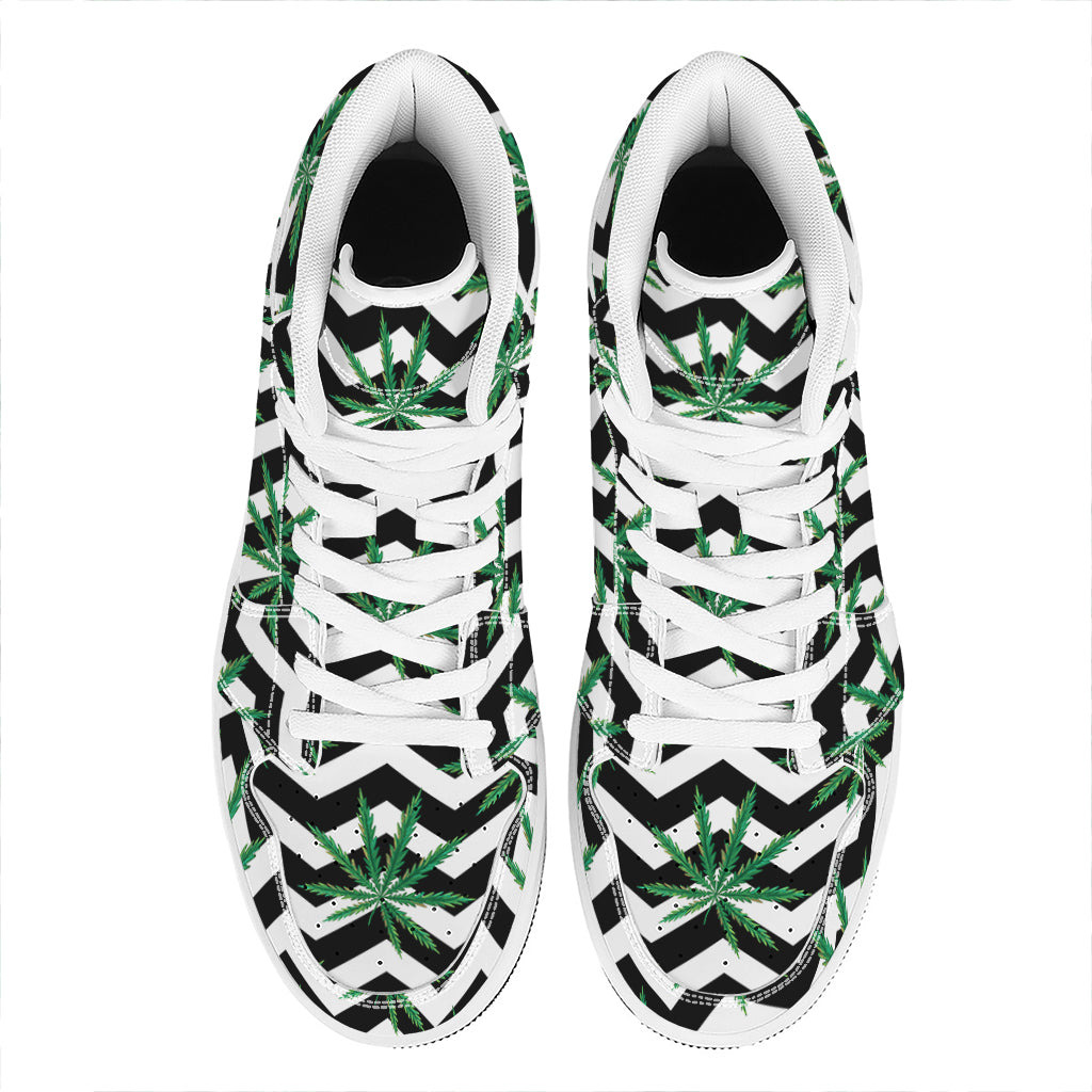 Zigzag Weed Pattern Print High Top Leather Sneakers