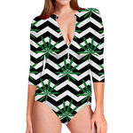 Zigzag Weed Pattern Print Long Sleeve Swimsuit
