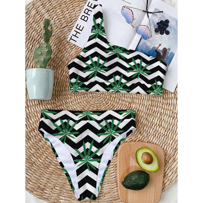 Zigzag Weed Pattern Print One Shoulder Bikini Top