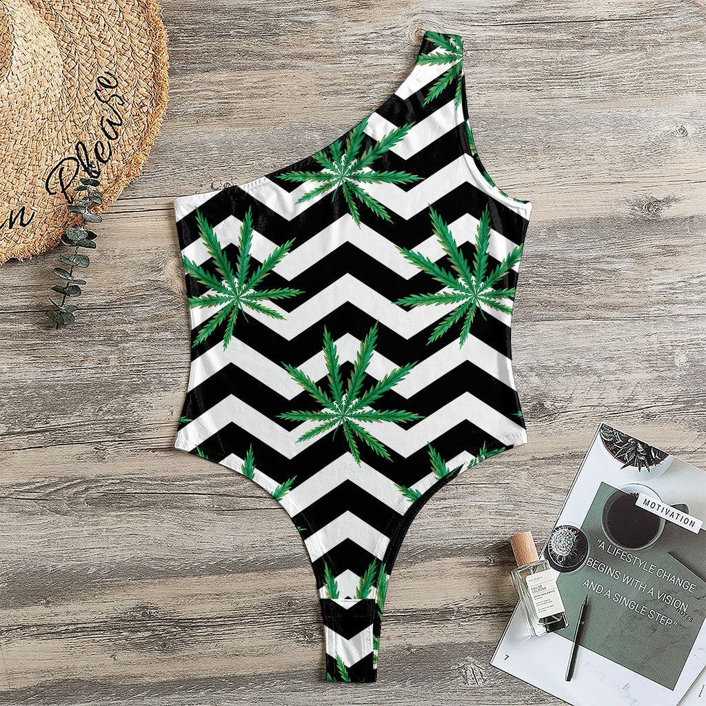 Zigzag Weed Pattern Print One Shoulder Bodysuit