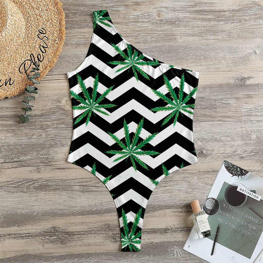 Zigzag Weed Pattern Print One Shoulder Bodysuit