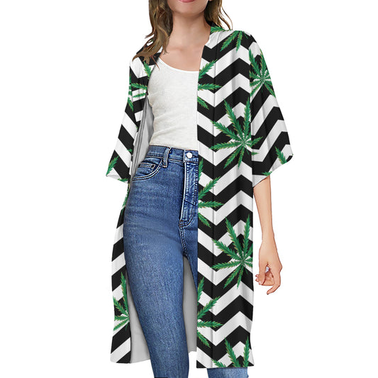Zigzag Weed Pattern Print Open Front Beach Cover Up