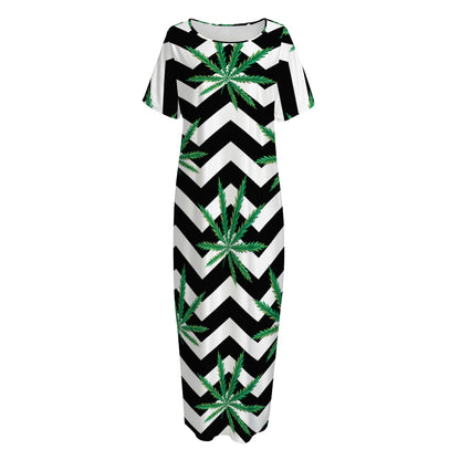 Zigzag Weed Pattern Print Short Sleeve Long Nightdress