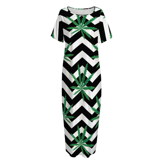 Zigzag Weed Pattern Print Short Sleeve Long Nightdress