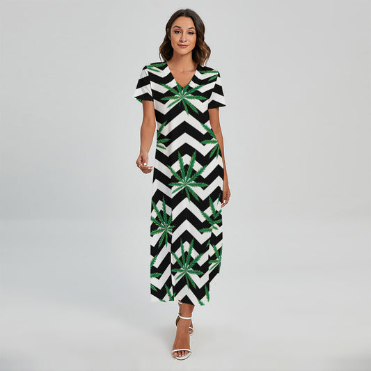 Zigzag Weed Pattern Print Short Sleeve Maxi Dress
