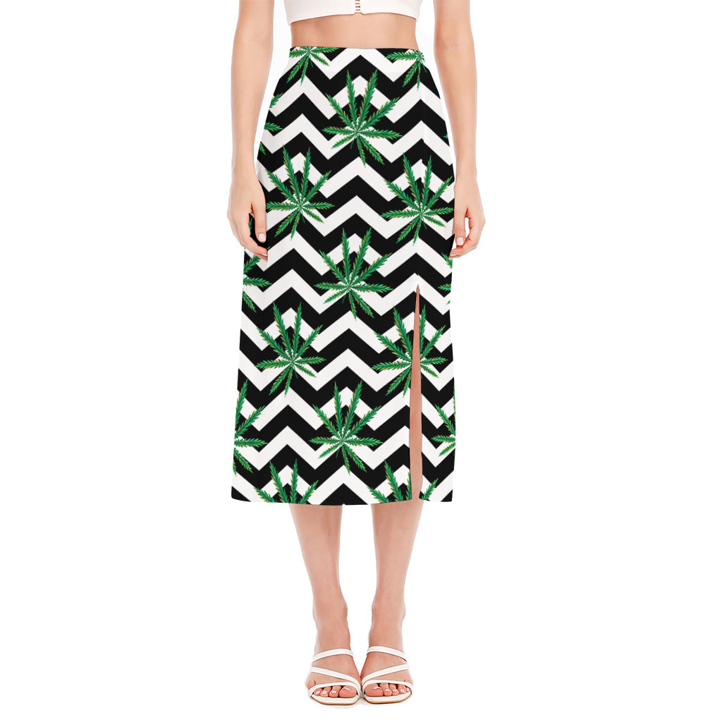 Zigzag Weed Pattern Print Side Slit Midi Skirt