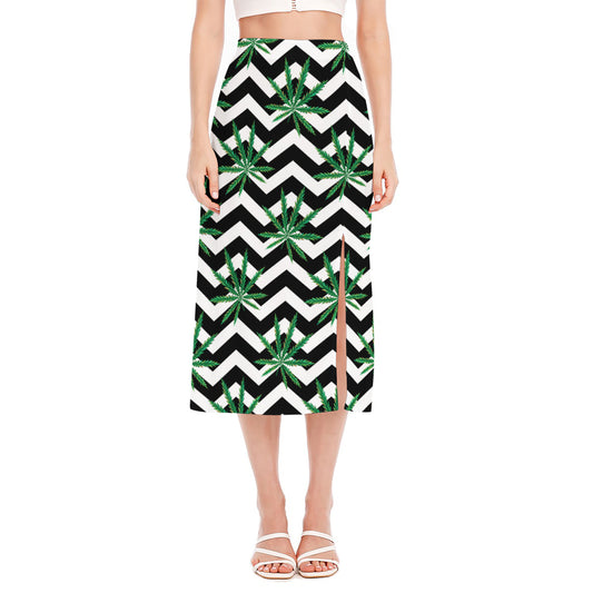 Zigzag Weed Pattern Print Side Slit Midi Skirt