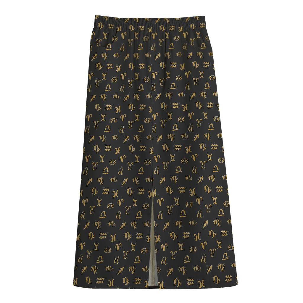 Zodiac Astrological Signs Pattern Print Cotton Front Slit Maxi Skirt