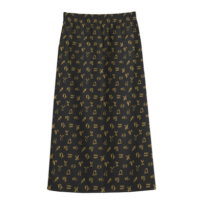 Zodiac Astrological Signs Pattern Print Cotton Front Slit Maxi Skirt