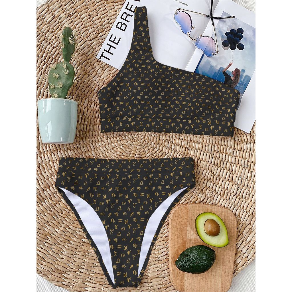 Zodiac Astrological Signs Pattern Print One Shoulder Bikini Top