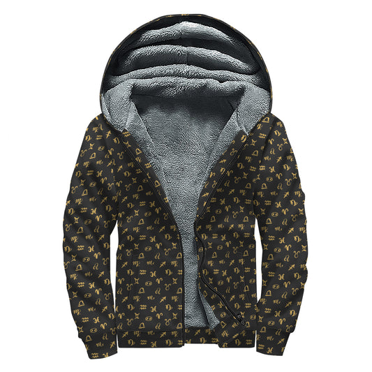 Zodiac Astrological Signs Pattern Print Sherpa Lined Zip Up Hoodie