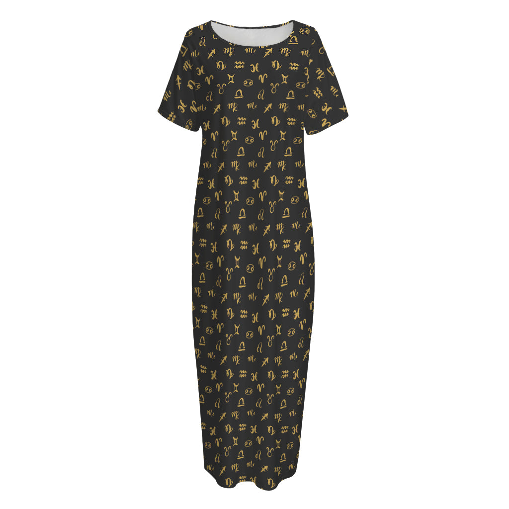 Zodiac Astrological Signs Pattern Print Short Sleeve Long Nightdress