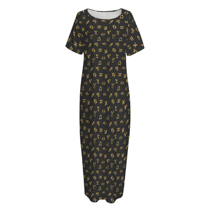Zodiac Astrological Signs Pattern Print Short Sleeve Long Nightdress
