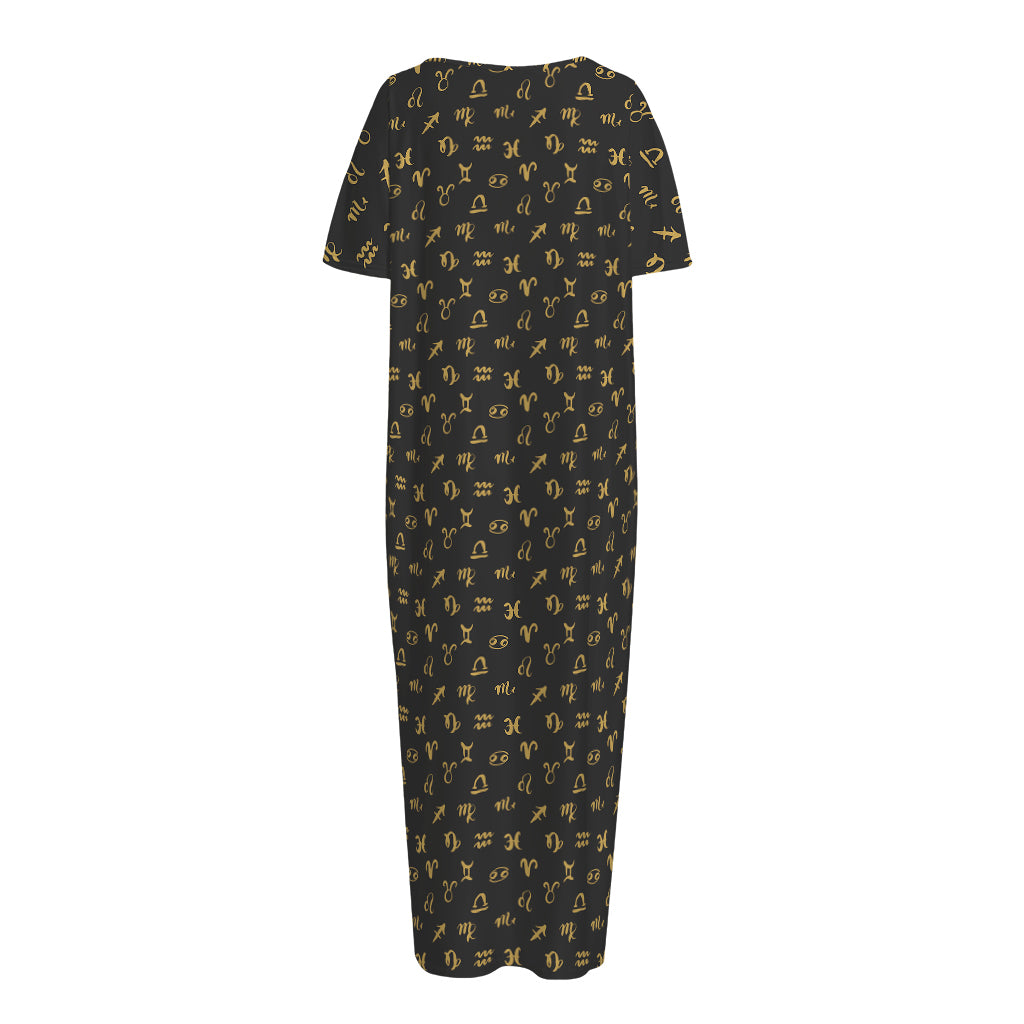 Zodiac Astrological Signs Pattern Print Short Sleeve Long Nightdress