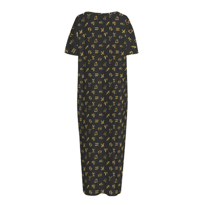 Zodiac Astrological Signs Pattern Print Short Sleeve Long Nightdress