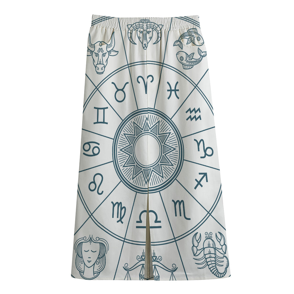 Zodiac Astrology Signs Print Cotton Front Slit Maxi Skirt