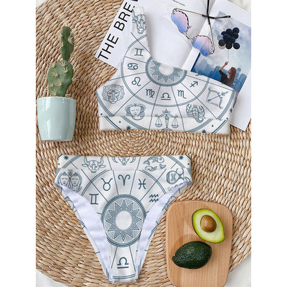 Zodiac Astrology Signs Print One Shoulder Bikini Top