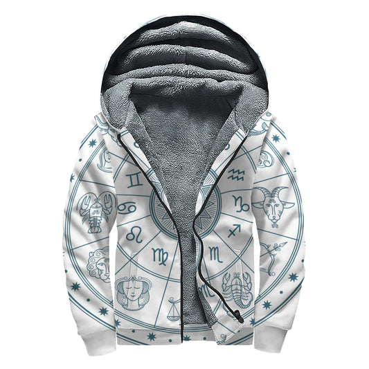 Zodiac Astrology Signs Print Sherpa Lined Zip Up Hoodie