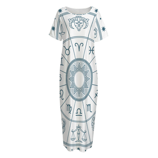 Zodiac Astrology Signs Print Short Sleeve Long Nightdress