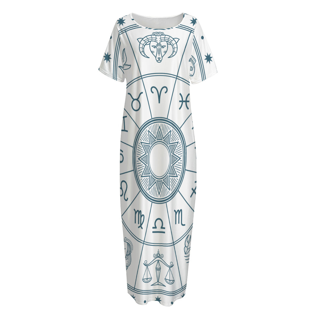 Zodiac Astrology Signs Print Short Sleeve Long Nightdress