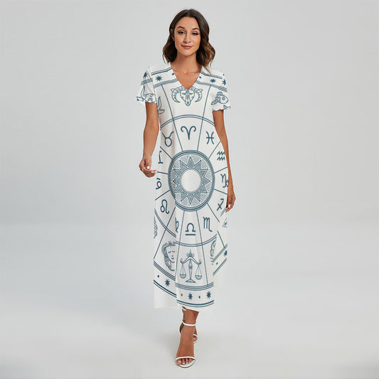 Zodiac Astrology Signs Print Short Sleeve Maxi Dress