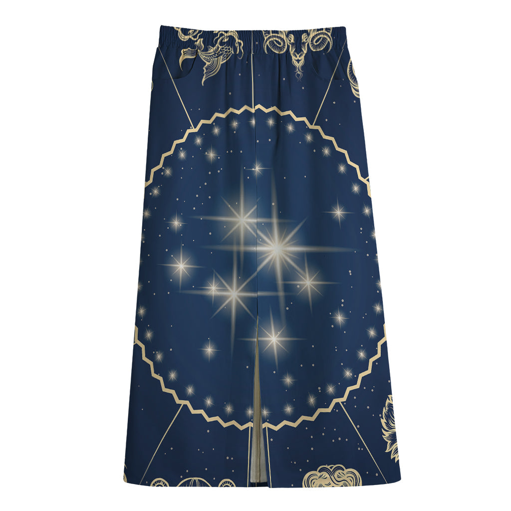 Zodiac Astrology Symbols Print Cotton Front Slit Maxi Skirt