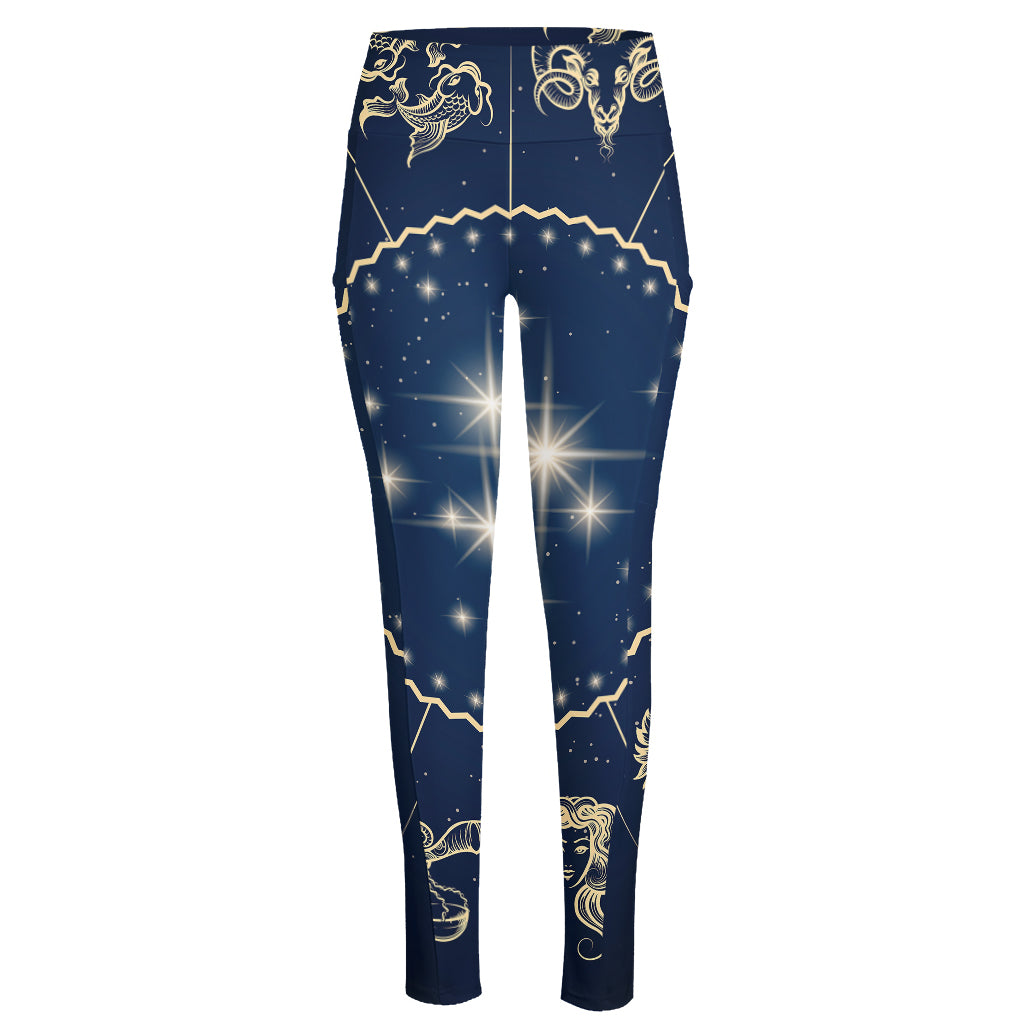 Zodiac Astrology Symbols Print High-Waisted Pocket Leggings