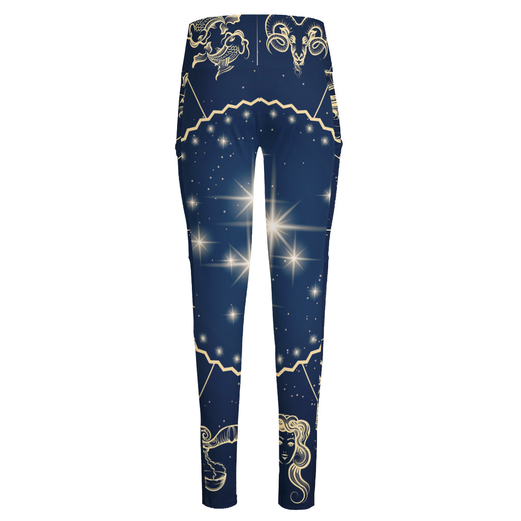 Zodiac Astrology Symbols Print High-Waisted Pocket Leggings