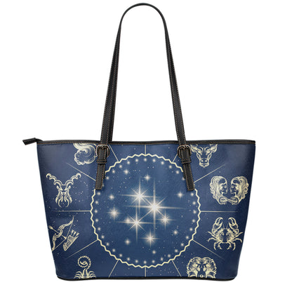 Zodiac Astrology Symbols Print Leather Tote Bag