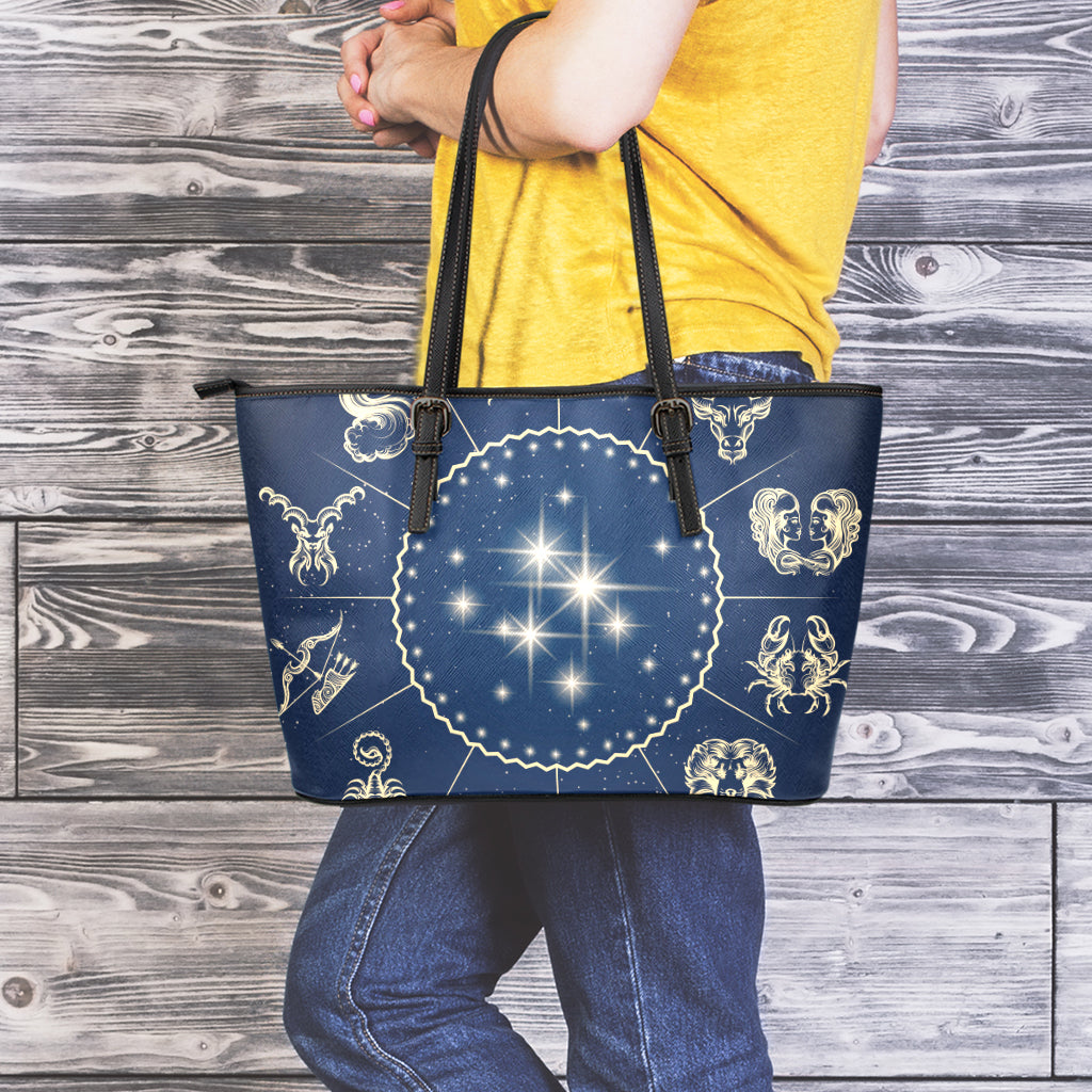 Zodiac Astrology Symbols Print Leather Tote Bag