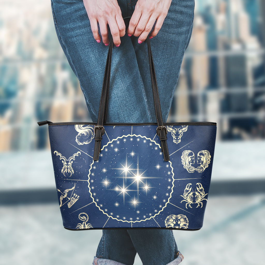 Zodiac Astrology Symbols Print Leather Tote Bag