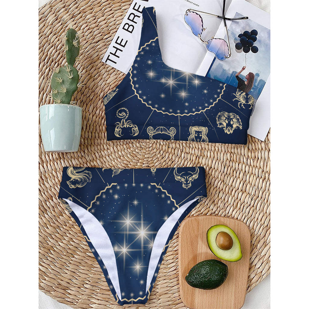 Zodiac Astrology Symbols Print One Shoulder Bikini Top