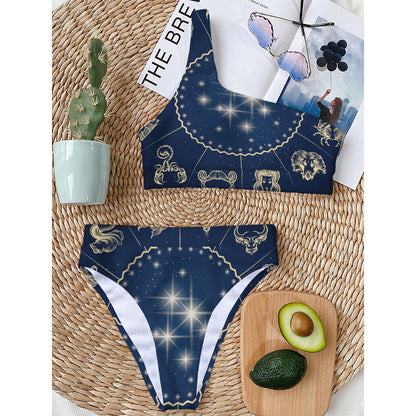 Zodiac Astrology Symbols Print One Shoulder Bikini Top