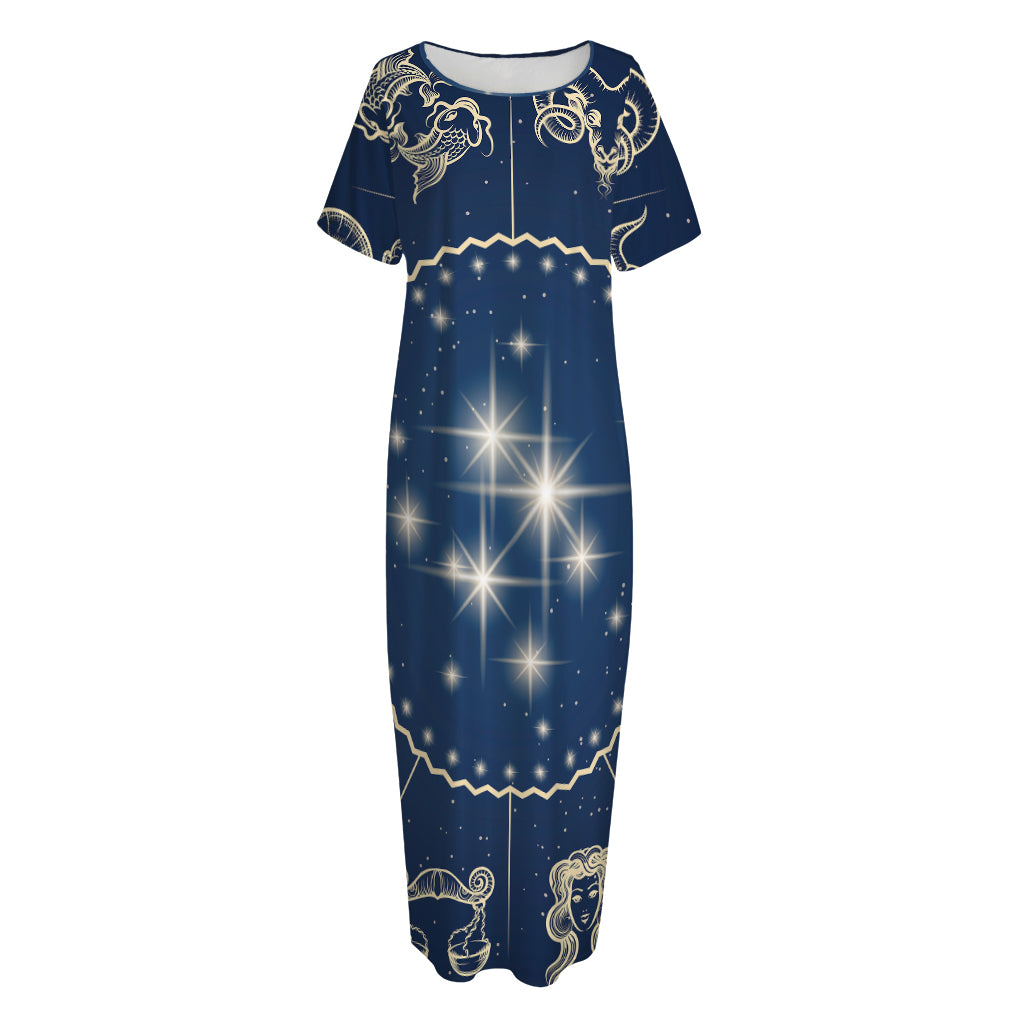 Zodiac Astrology Symbols Print Short Sleeve Long Nightdress