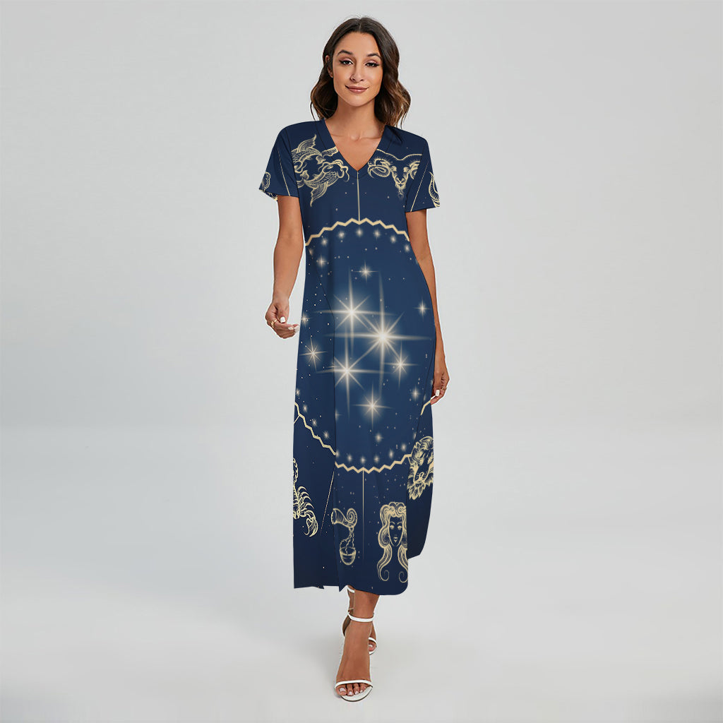 Zodiac Astrology Symbols Print Short Sleeve Maxi Dress