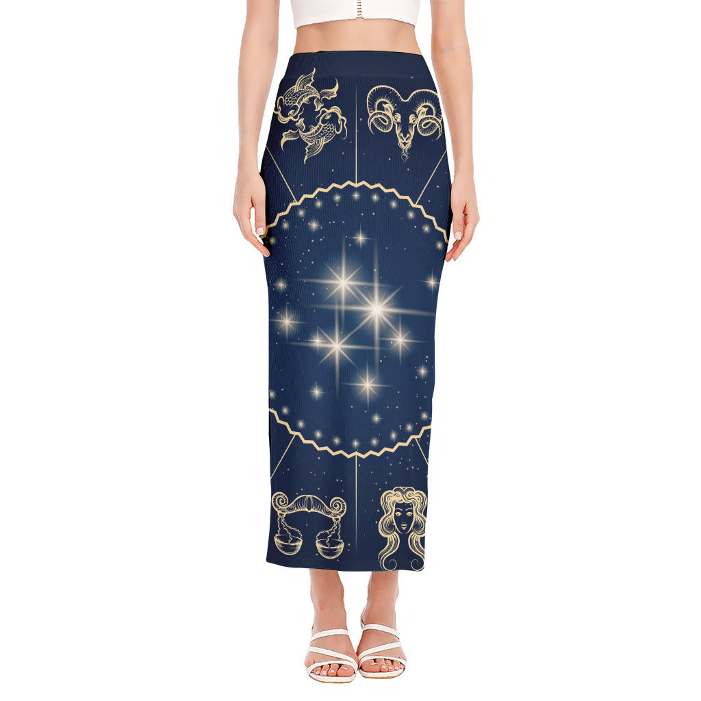 Zodiac Astrology Symbols Print Side Slit Maxi Skirt