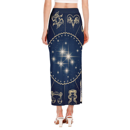 Zodiac Astrology Symbols Print Side Slit Maxi Skirt